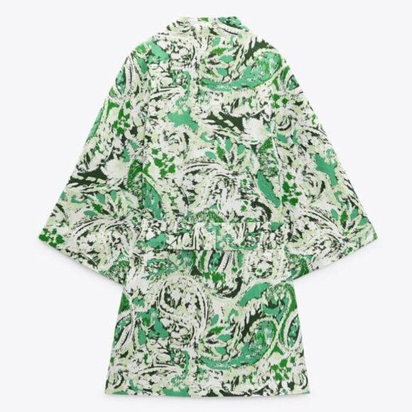 New Zara Printed Linen Blend Belted Green/White Short Kimono Open Front Jacket - Picture 11 of 15